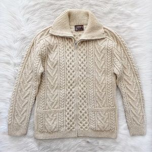 Vintage 60s Gaeltarra Handknit Wool Irish Fisherman Cable Knit Zipper Sweater